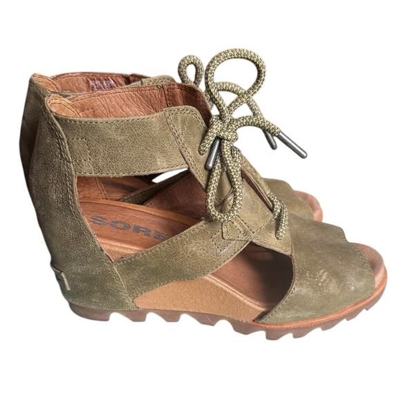 Sorel Women’s Joanie Gladiator Lace-Up Wedge Sandals Green Leather Size 8.5 - Picture 1 of 7